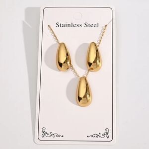 Gold Stainless Steel Teardrop Necklace Set - Elegant Women’s Jewelry